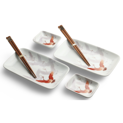 Čínský porcelánový set na sushi Crane 4 ks